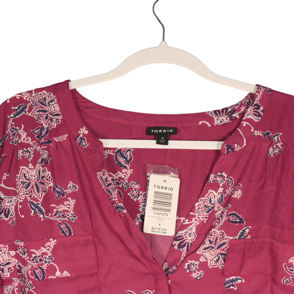 NEW Torrid Tunic Blouse Women Size 4X Deep Purplish Pink Floral Pockets Boho - Picture 5 of 10